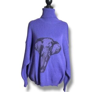 BF Purple Graphic Elephant Wool Long Sleeve Cozy Vintage Turtleneck Sweater